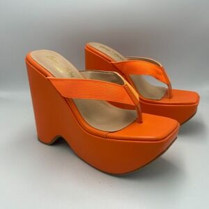 Neon Platform Wedge Chunky Sandals Size 6.5 Orange Club Funky Gloss 90s y2k High
